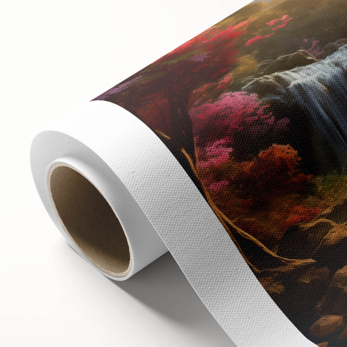 Vibrant rolled canvas artwork depicting a serene waterfall landscape with lush greenery, perfect for enhancing home decor and creating a tranquil atmosphere.