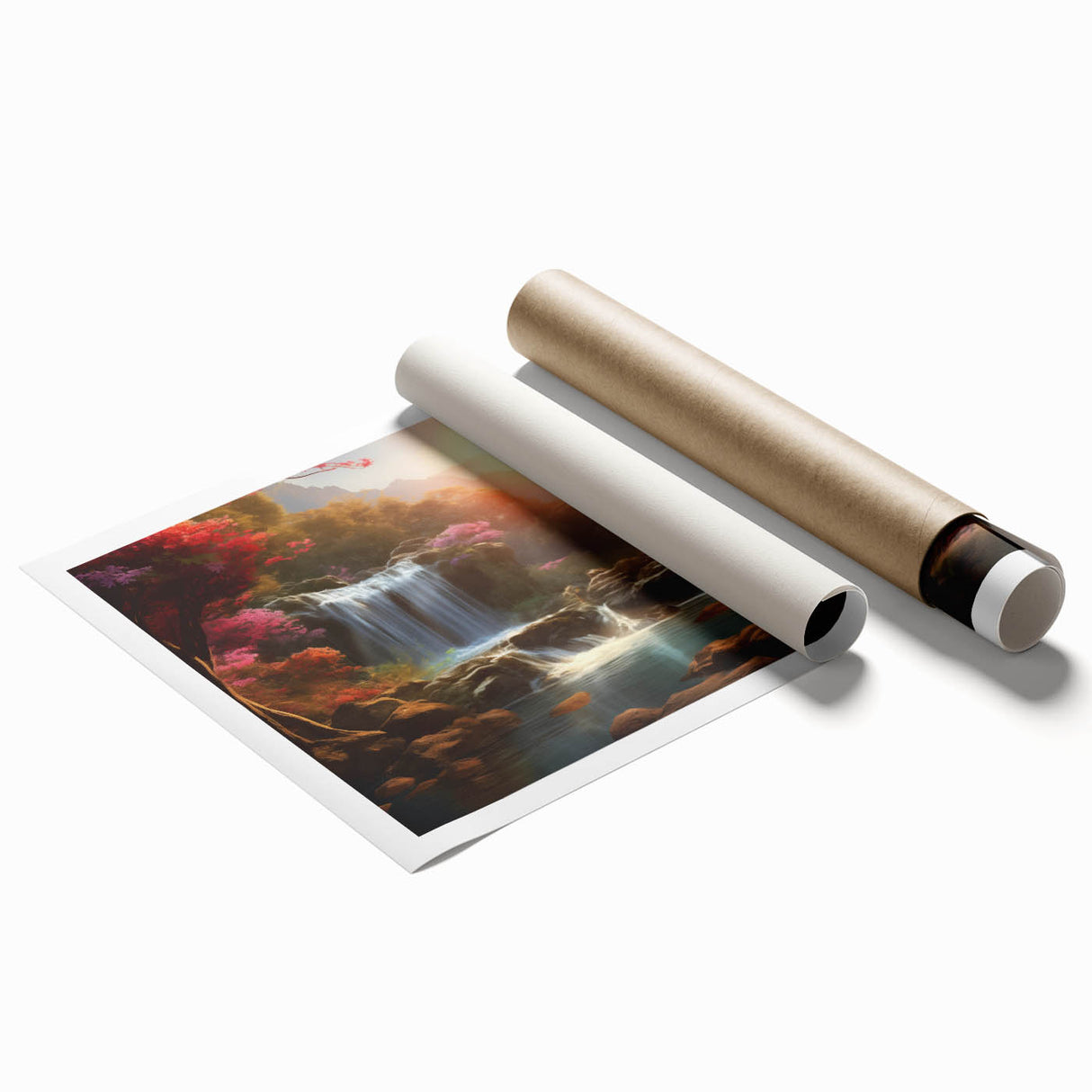 Rolled print of a serene waterfall landscape, showcasing vibrant blues and greens, perfect for home decor. Ideal for nature lovers, it adds tranquility to any space.