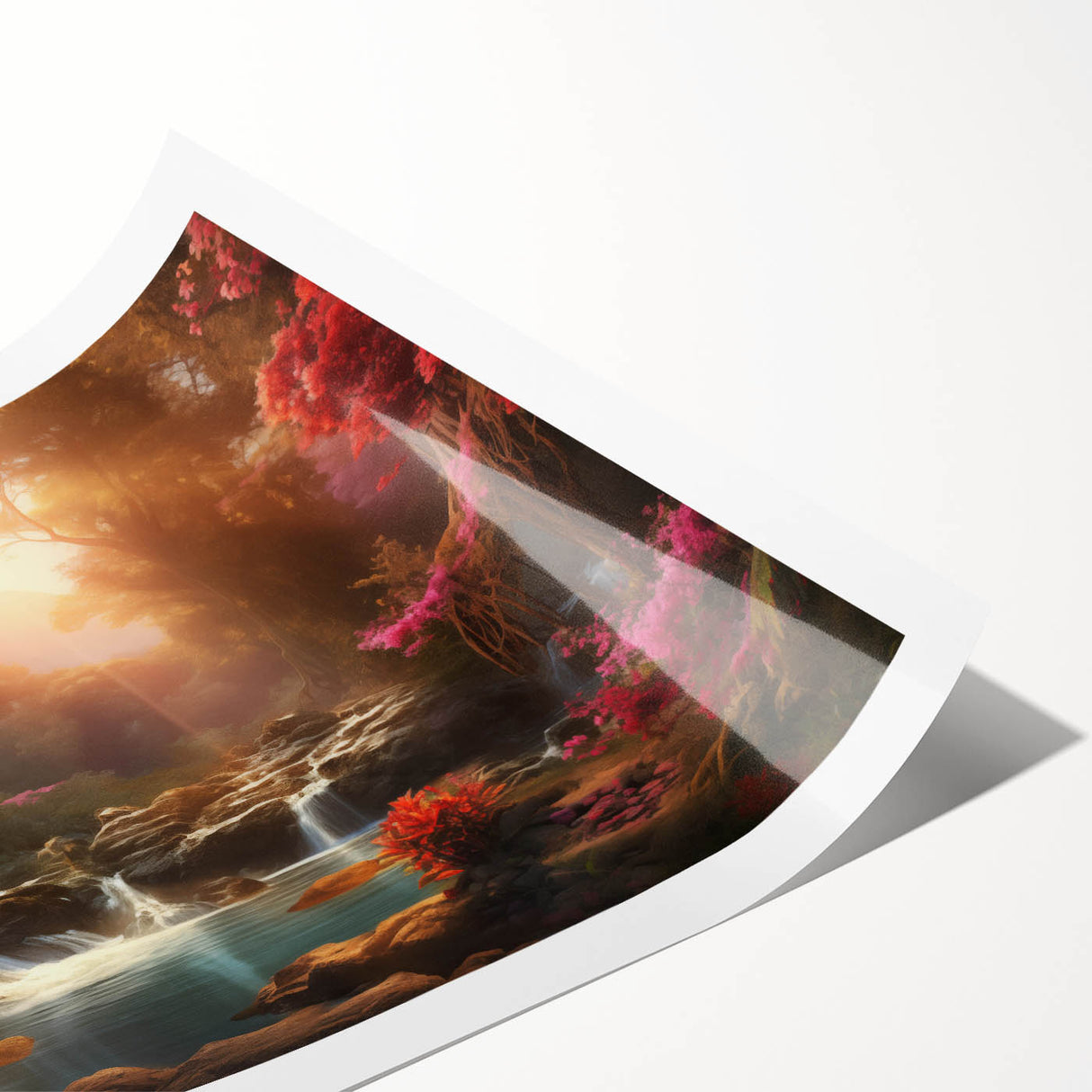 Vibrant landscape waterfall wall art print showcasing cascading water surrounded by lush greenery, perfect for home decor and nature enthusiasts.