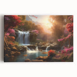 Stretched canvas wall art showcasing a breathtaking landscape waterfall scene, featuring vibrant blues and greens, perfect for enhancing home decor aesthetics.
