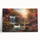 Stretched canvas wall art showcasing a vibrant waterfall landscape with lush greenery, perfect for enhancing home decor and creating a serene atmosphere.