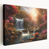 Stretched canvas wall art showcasing a vibrant waterfall landscape design, featuring rich blues and greens that evoke tranquility, ideal for home decor.