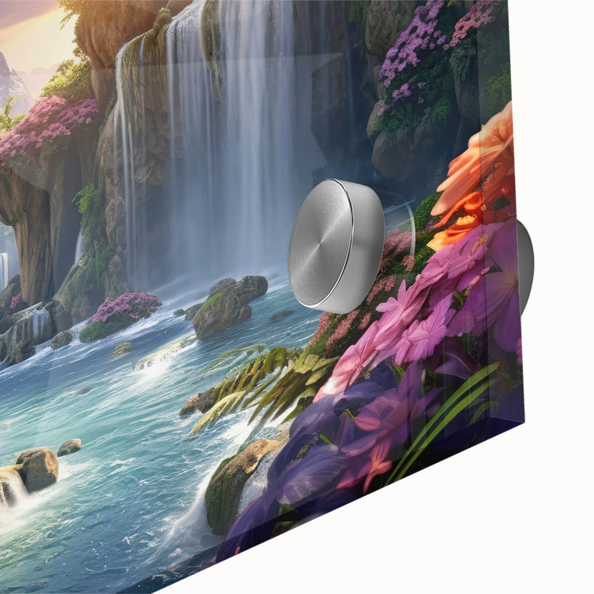 Close-up of an elegant acrylic glass wall art piece showcasing a vibrant waterfall landscape with rich blues and greens, perfect for home decor enhancement.