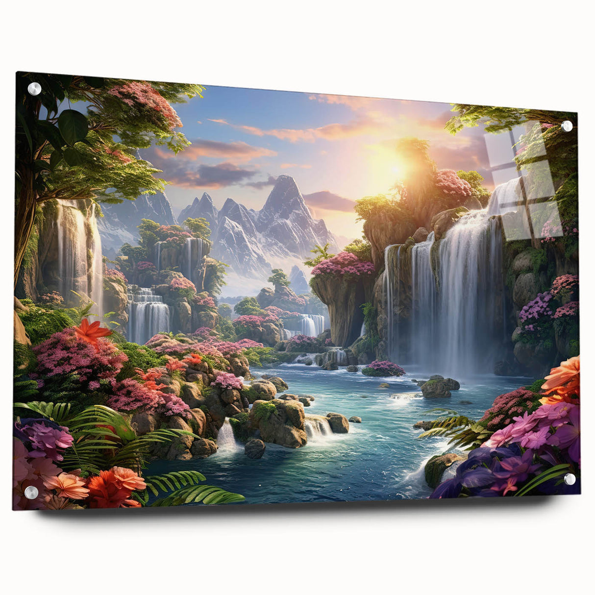 Acrylic glass wall art showcasing a stunning landscape waterfall design, displayed in a side view with decorative pins, perfect for enhancing any modern decor.