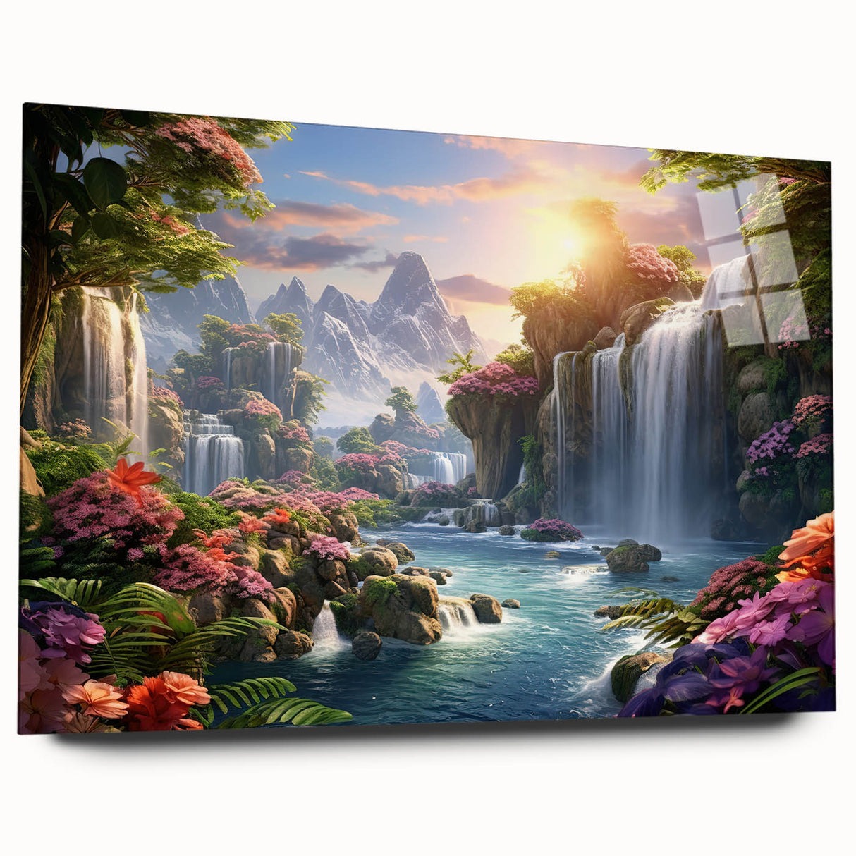 Vibrant acrylic glass wall art showcasing a cascading waterfall landscape, framed elegantly for home decor, emphasizing natural beauty and tranquility.