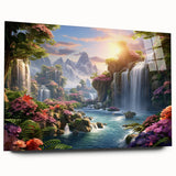 Vibrant acrylic glass wall art showcasing a cascading waterfall landscape, framed elegantly for home decor, emphasizing natural beauty and tranquility.