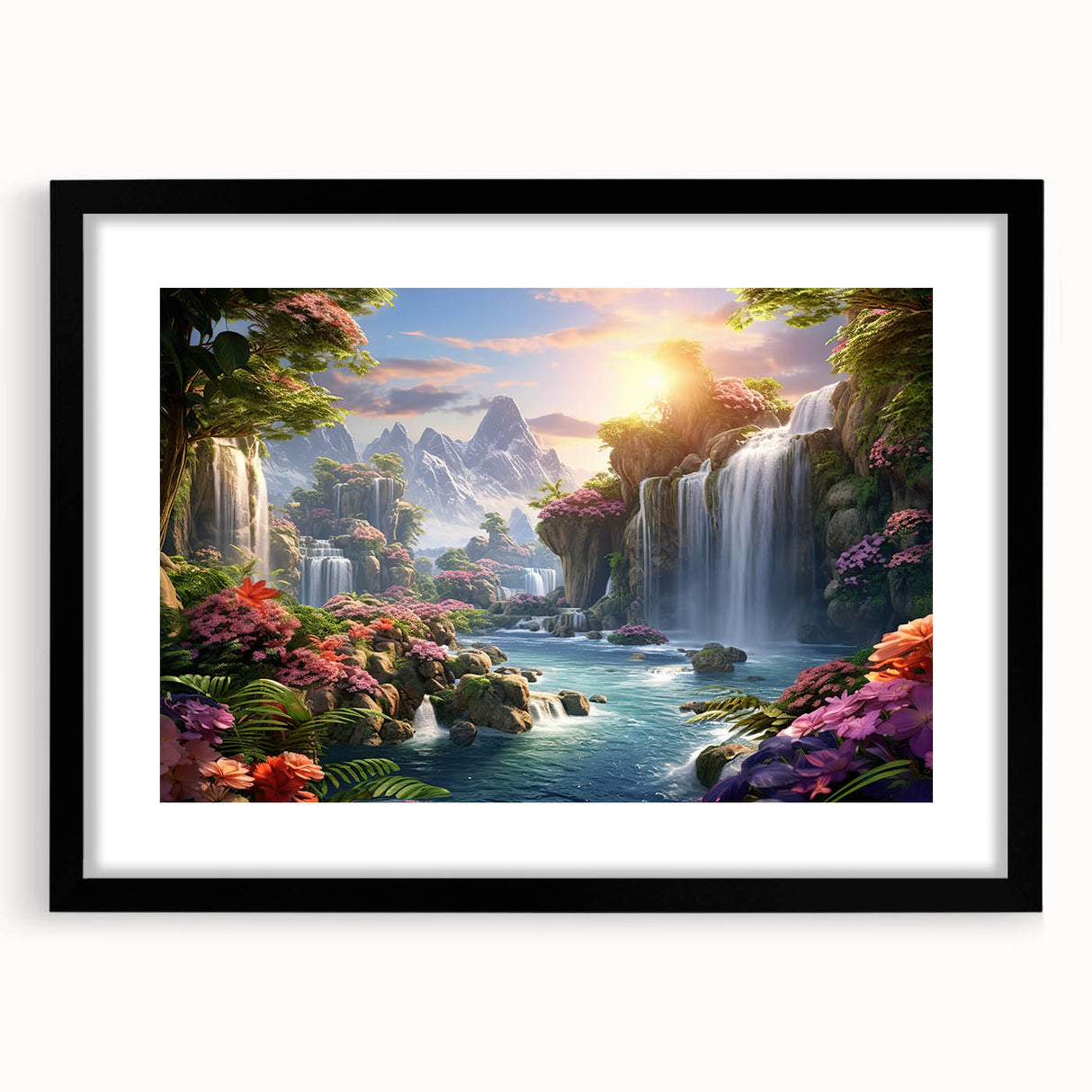 Framed wall art featuring a serene waterfall landscape design in a black frame with a white mat, perfect for enhancing home decor and creating a calming atmosphere.