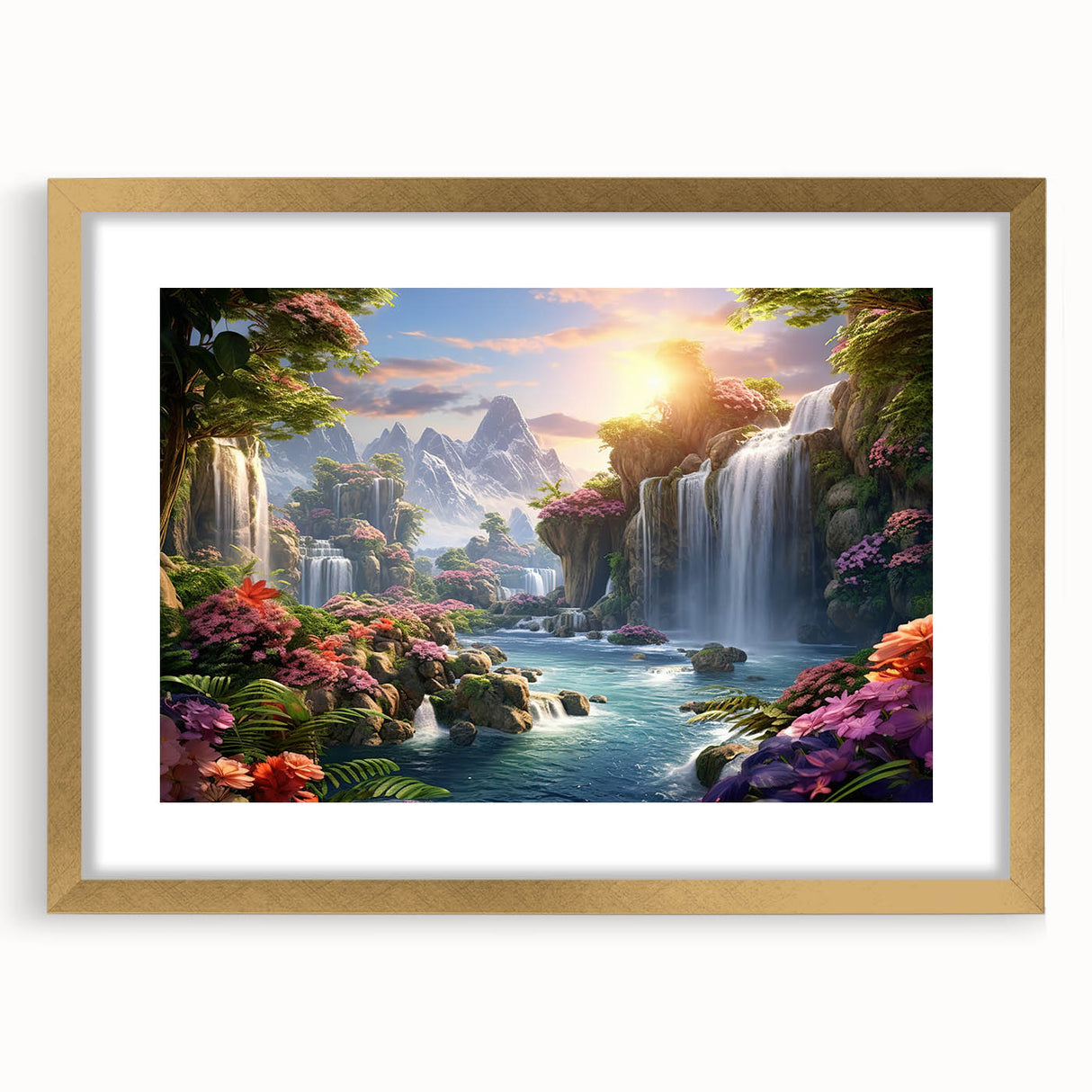 Framed wall art depicting a serene waterfall landscape in vibrant colors, featuring a gold mat and sleek frame, ideal for home decor enhancement.