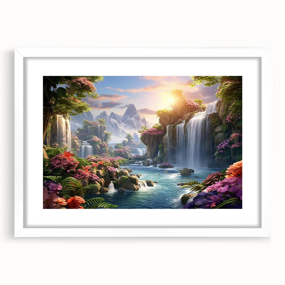 Framed wall art showcasing a serene waterfall landscape with vibrant colors, set in a white mat and frame, ideal for home decor or office ambiance.