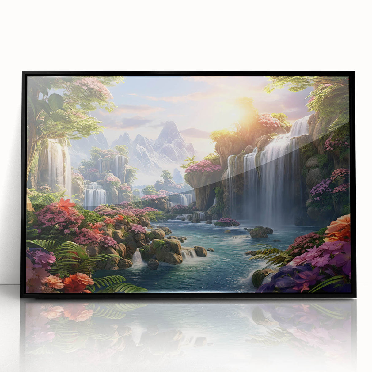 Framed wall art collection showcasing a stunning waterfall landscape design, featuring vibrant blues and greens with a sleek black frame, perfect for home decor.