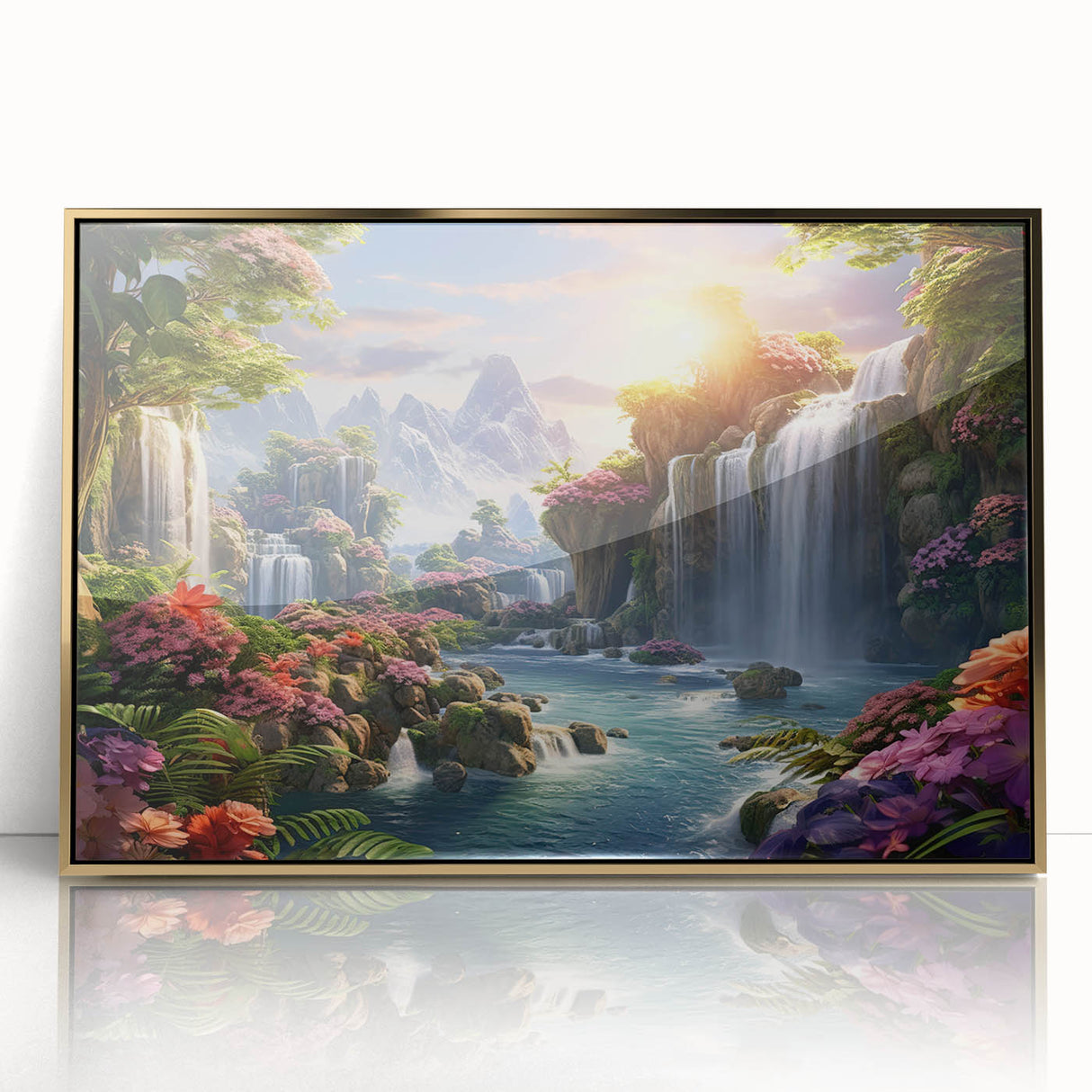Framed acrylic wall art featuring a vibrant landscape of waterfalls, highlighted with gold accents, perfect for adding elegance to any modern decor.