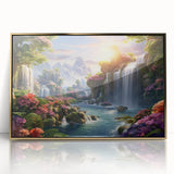 Framed acrylic wall art featuring a vibrant landscape of waterfalls, highlighted with gold accents, perfect for adding elegance to any modern decor.