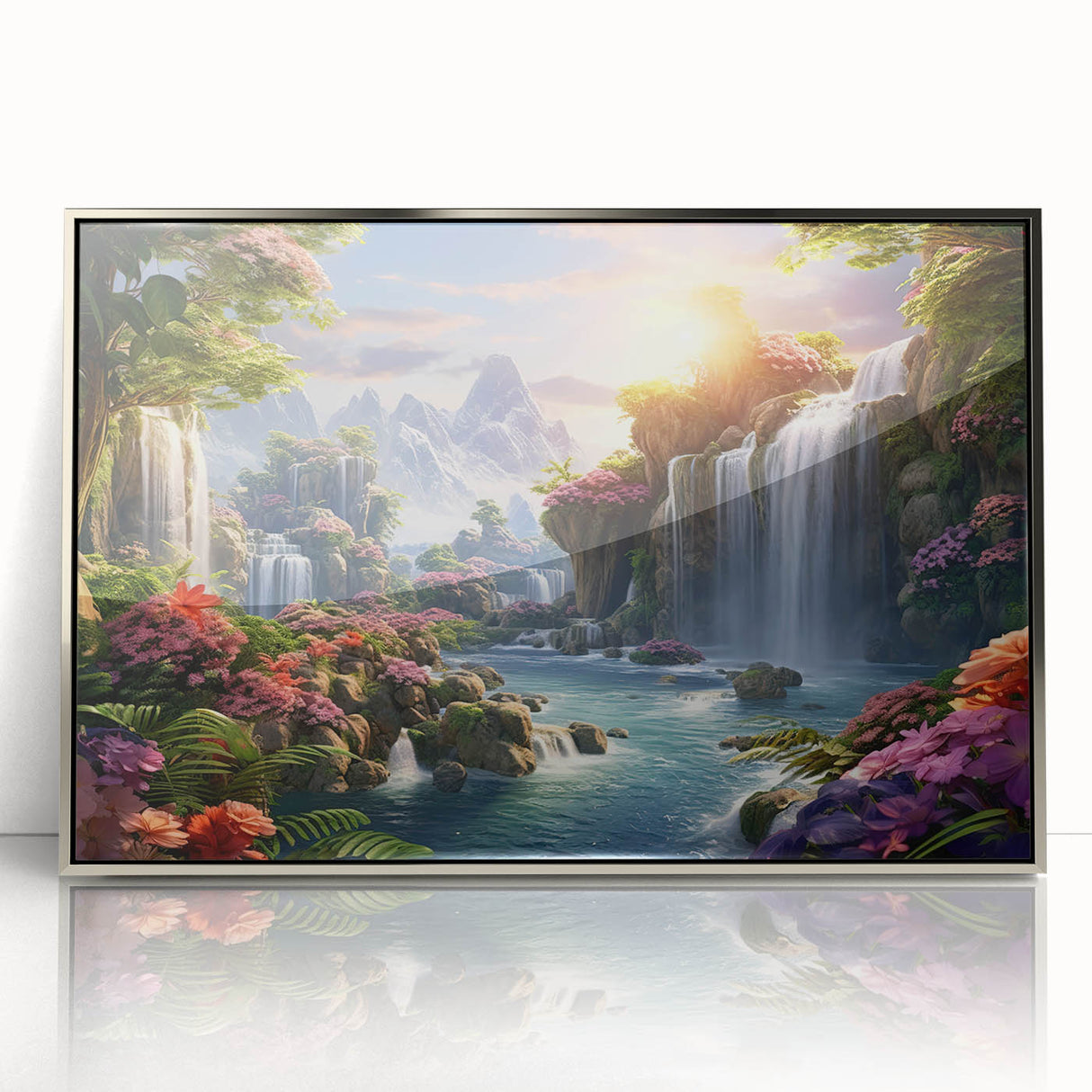 Framed acrylic wall art showcasing a stunning waterfall landscape in silver tones, perfect for home decor, adding a serene and modern touch to any room.