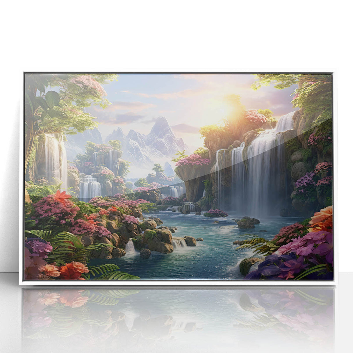 Framed acrylic wall art featuring a tranquil waterfall landscape design with vibrant colors, set against a sleek white frame, perfect for home decor.