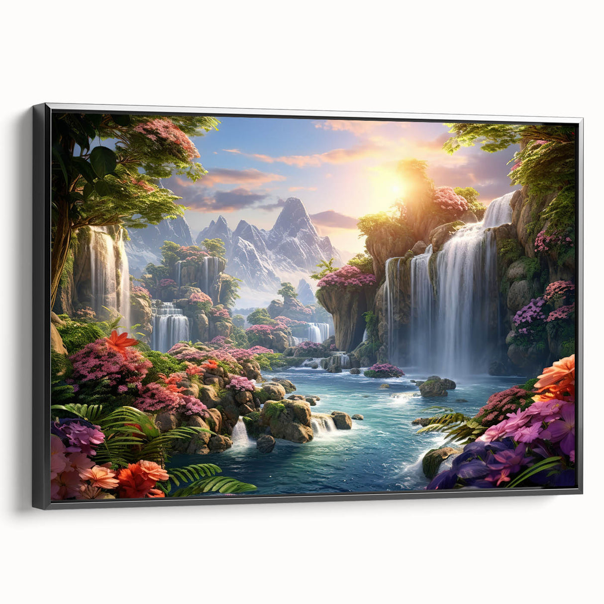 Framed canvas wall art showcasing a vibrant waterfall landscape design with rich colors and intricate details, set against a black frame for a modern touch. Perfect for enhancing home decor with serene nature imagery.