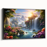 Framed canvas wall art showcasing a vibrant waterfall landscape design with rich colors and intricate details, set against a black frame for a modern touch. Perfect for enhancing home decor with serene nature imagery.