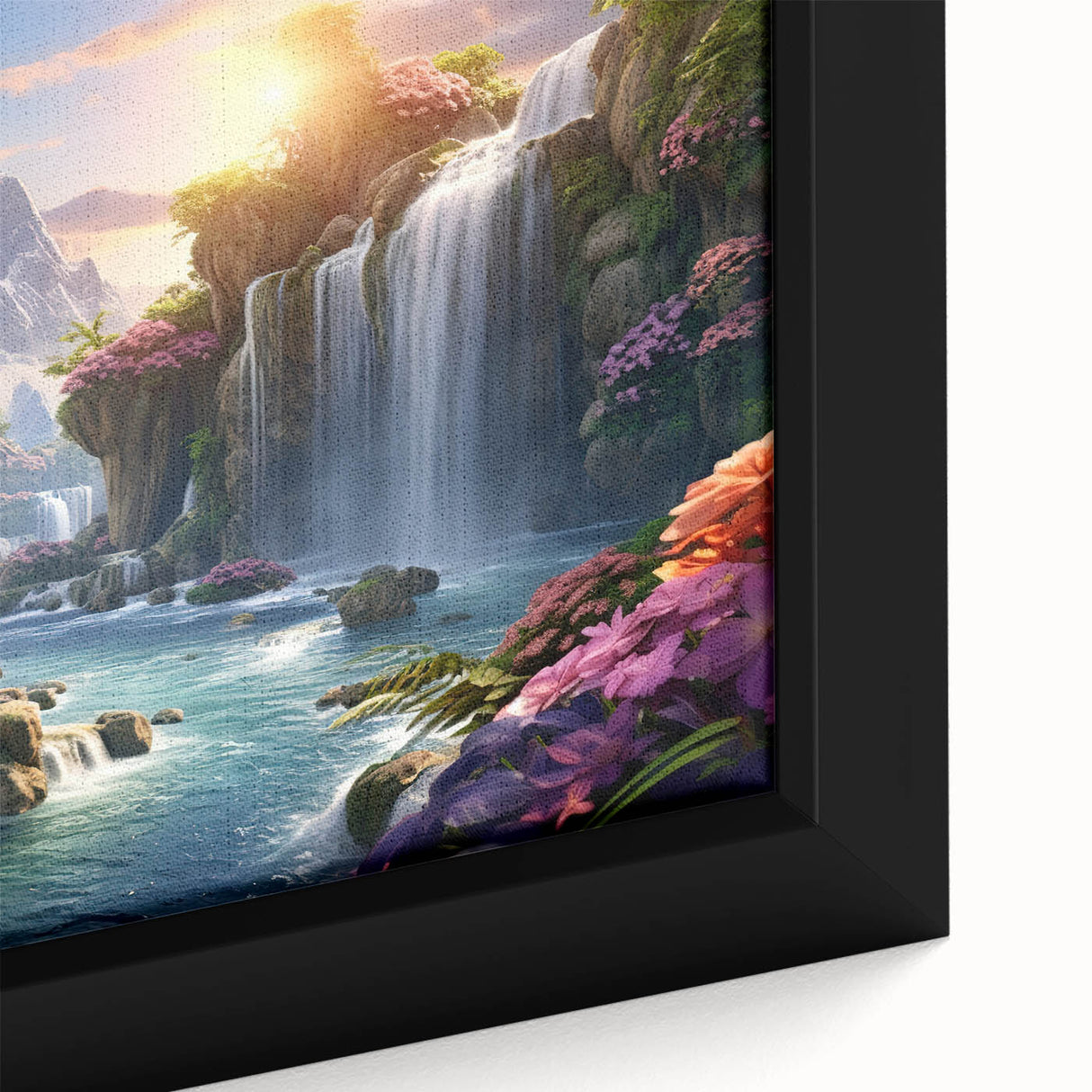Framed canvas wall art depicting a vibrant waterfall landscape, showcasing rich blues and greens, perfect for home decor enthusiasts and nature lovers.