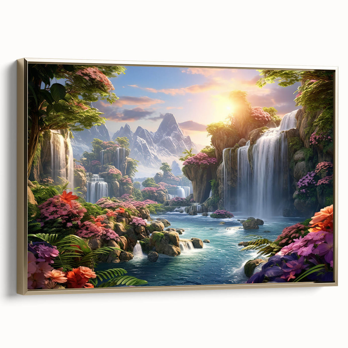 Framed canvas wall art showcasing a stunning waterfall landscape design with vibrant colors and a gold frame, ideal for home decor and interior design enthusiasts.