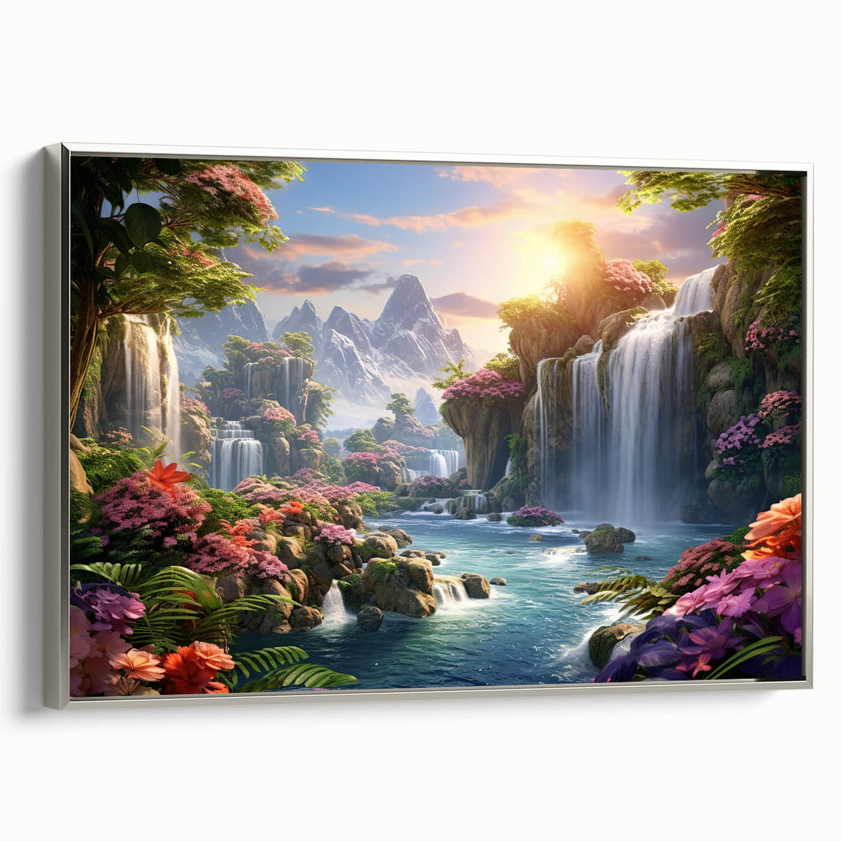 Framed canvas wall art of a serene waterfall landscape, showcasing vibrant blues and greens, with a sleek silver frame, perfect for home decor.