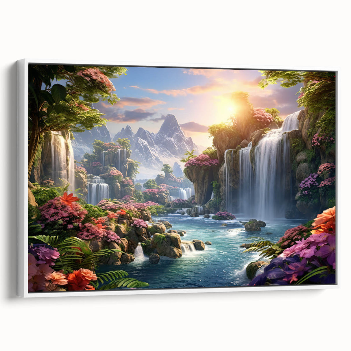 Framed canvas wall art showcasing a serene waterfall landscape design with vibrant blues and greens, presented in a sleek white frame for a modern touch. Perfect for enhancing interior decor in living spaces.