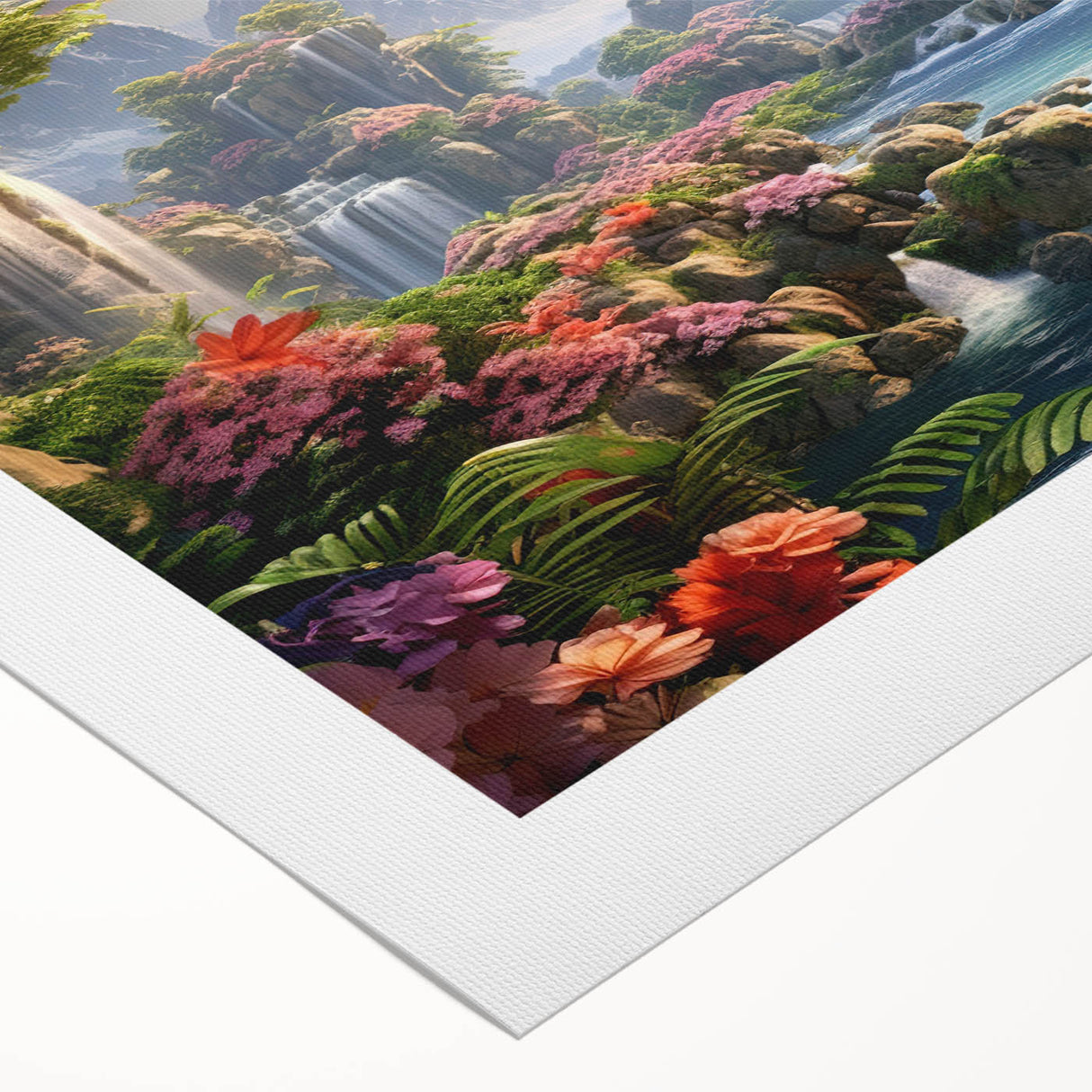 Stunning rolled canvas wall art featuring a serene waterfall landscape with vibrant greenery and soft blues, perfect for enhancing home decor.