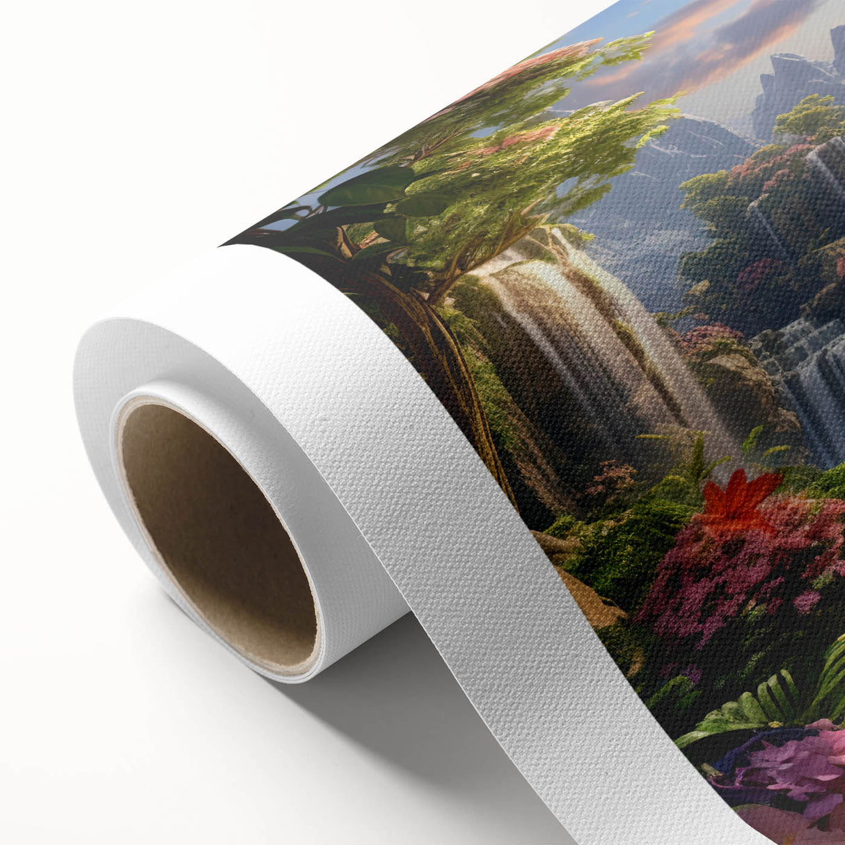 Vibrant rolled canvas artwork showcasing a serene waterfall landscape with lush greenery, designed for modern decor. Ideal for nature-inspired interiors.
