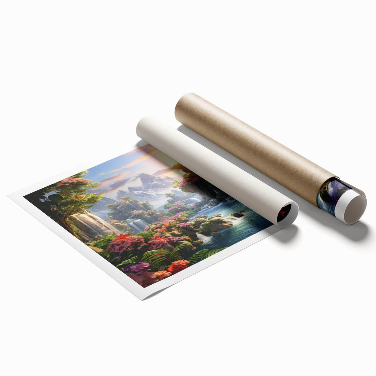 Vibrant rolled canvas print showcasing a serene waterfall landscape with lush greenery, designed for wall art enthusiasts. Perfect for enhancing home decor aesthetics.