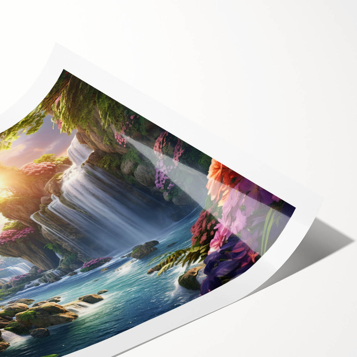 Stunning rolled print of a serene waterfall landscape, showcasing vibrant blues and greens, perfect for home decor, packaged securely in a cardboard tube.