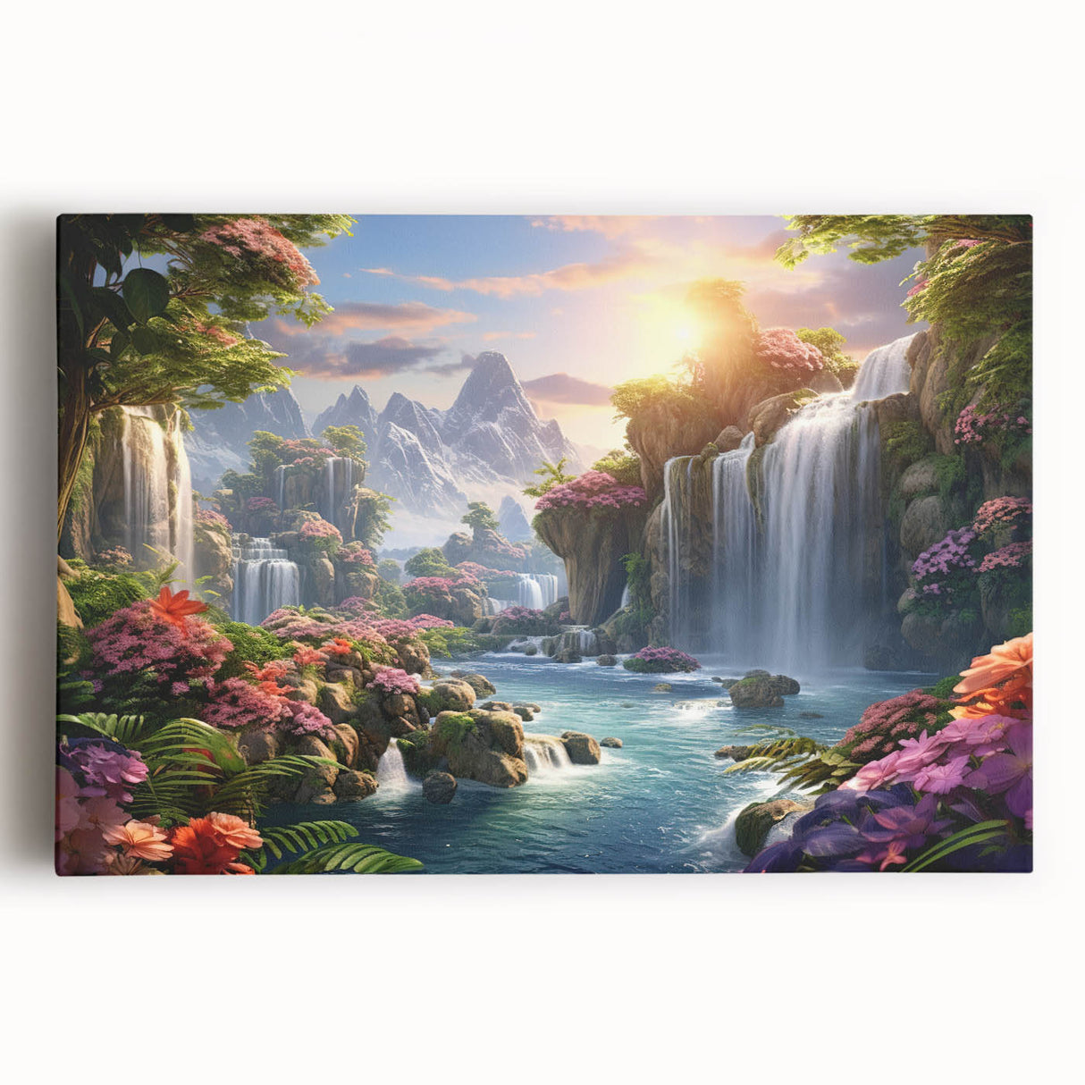 Stretched canvas artwork showcasing a vibrant waterfall landscape design, featuring lush greenery and cascading water, ideal for home decor and nature enthusiasts.