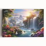 Stretched canvas artwork showcasing a vibrant waterfall landscape design, featuring lush greenery and cascading water, ideal for home decor and nature enthusiasts.