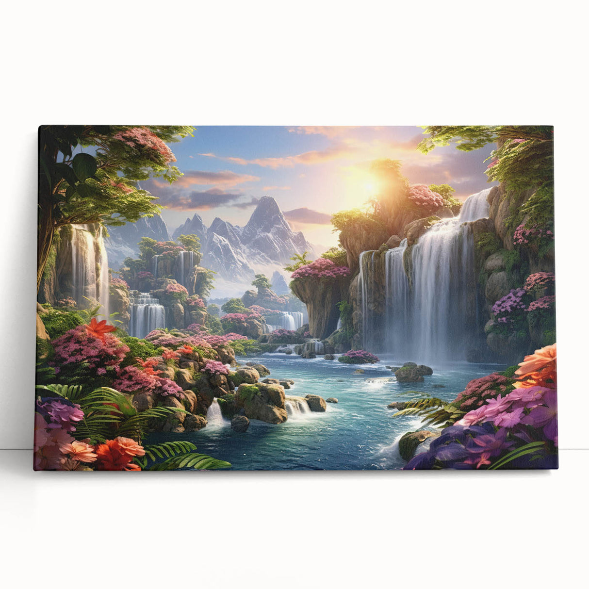 Stretched canvas wall art showcasing a serene waterfall landscape with vibrant greenery, perfect for adding a calming touch to home decor. Ideal for nature enthusiasts.