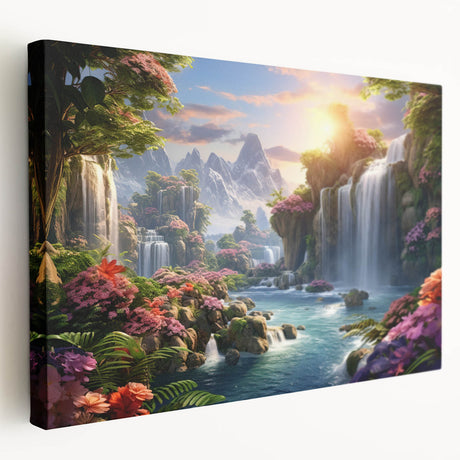 Stretched canvas wall art depicting a serene waterfall landscape, featuring vibrant blues and greens, ideal for home decor enthusiasts seeking nature-inspired designs.