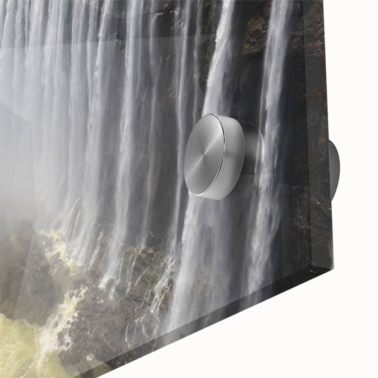 Close-up of a stunning acrylic glass wall art piece showcasing a vibrant waterfall landscape, with rich blues and greens, perfect for home decor enhancement.