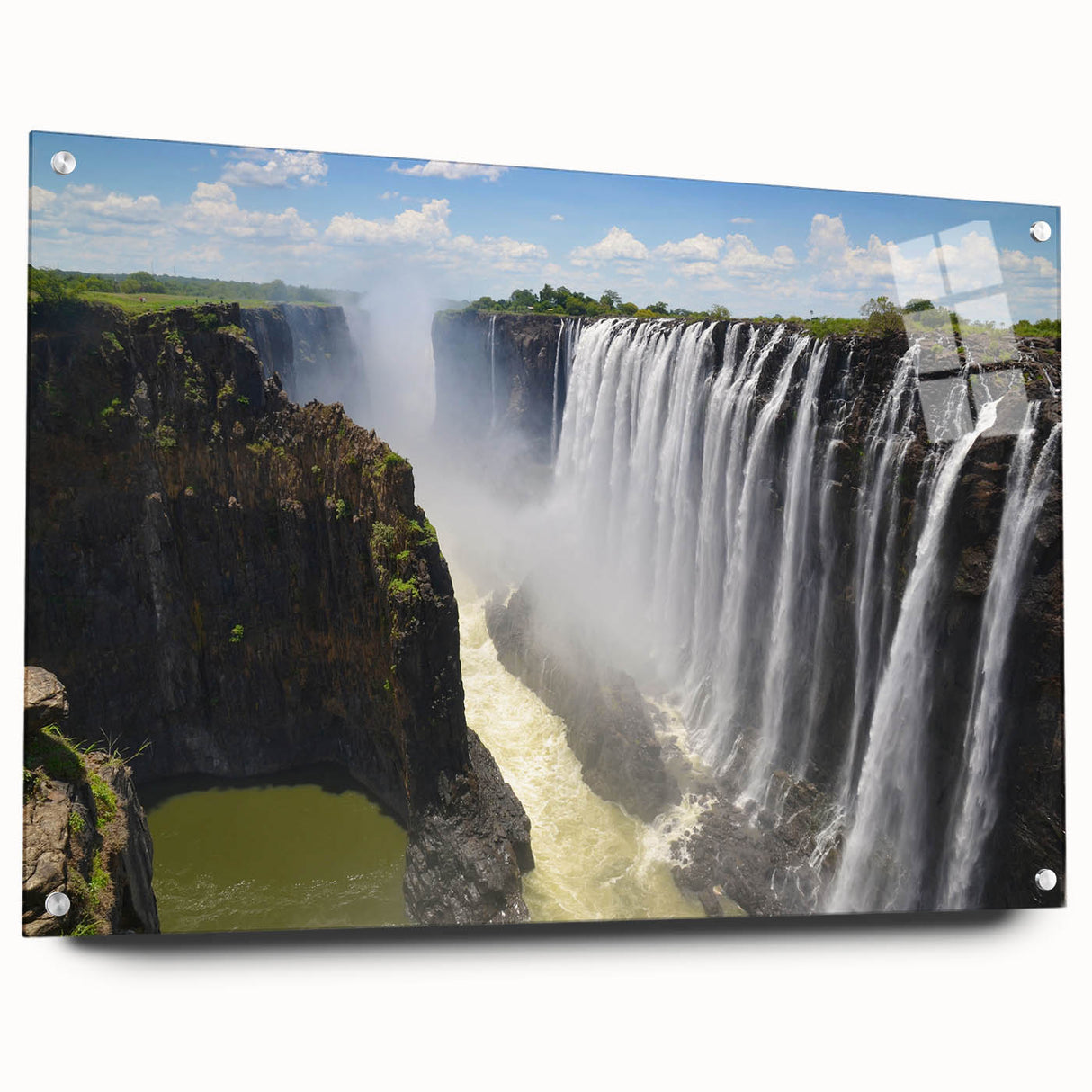 Acrylic glass wall art showcasing a vibrant waterfall landscape design, side view with mounting pins visible, perfect for adding a serene touch to modern interiors.