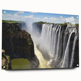 Acrylic glass wall art showcasing a vibrant waterfall landscape design, side view with mounting pins visible, perfect for adding a serene touch to modern interiors.