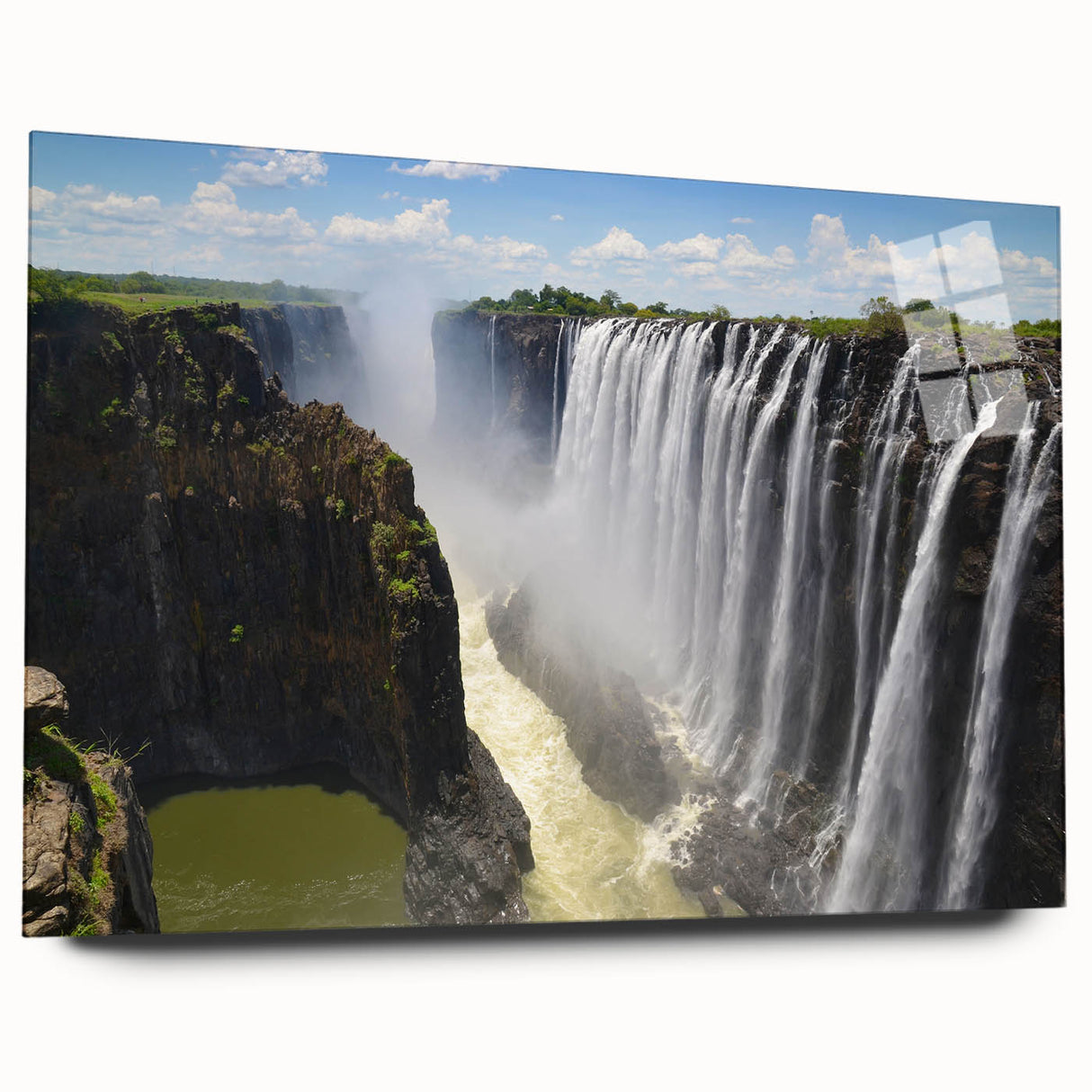 Acrylic glass wall art showcasing a serene landscape with cascading waterfalls, framed elegantly for modern decor, enhancing any living space with tranquility.