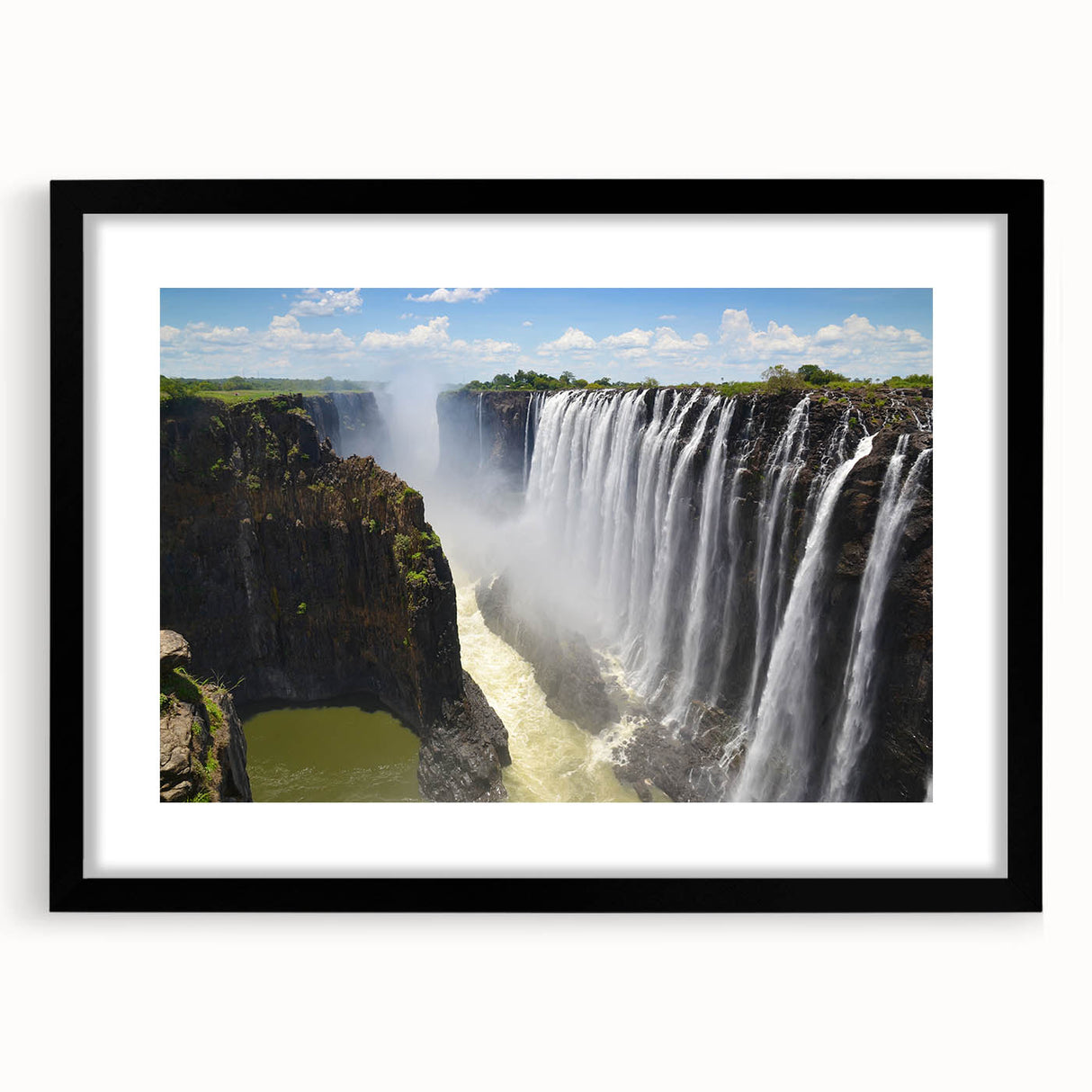 Framed wall art collection showcasing vibrant landscapes and cascading waterfalls, featuring a sleek black frame and mat, perfect for home decor enhancement.