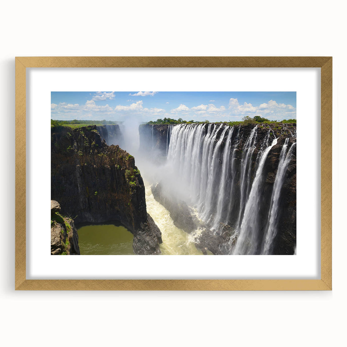 Framed wall art featuring a vibrant waterfall landscape design, elegantly matted and showcased in a gold frame, perfect for enhancing home decor and creating a serene ambiance.