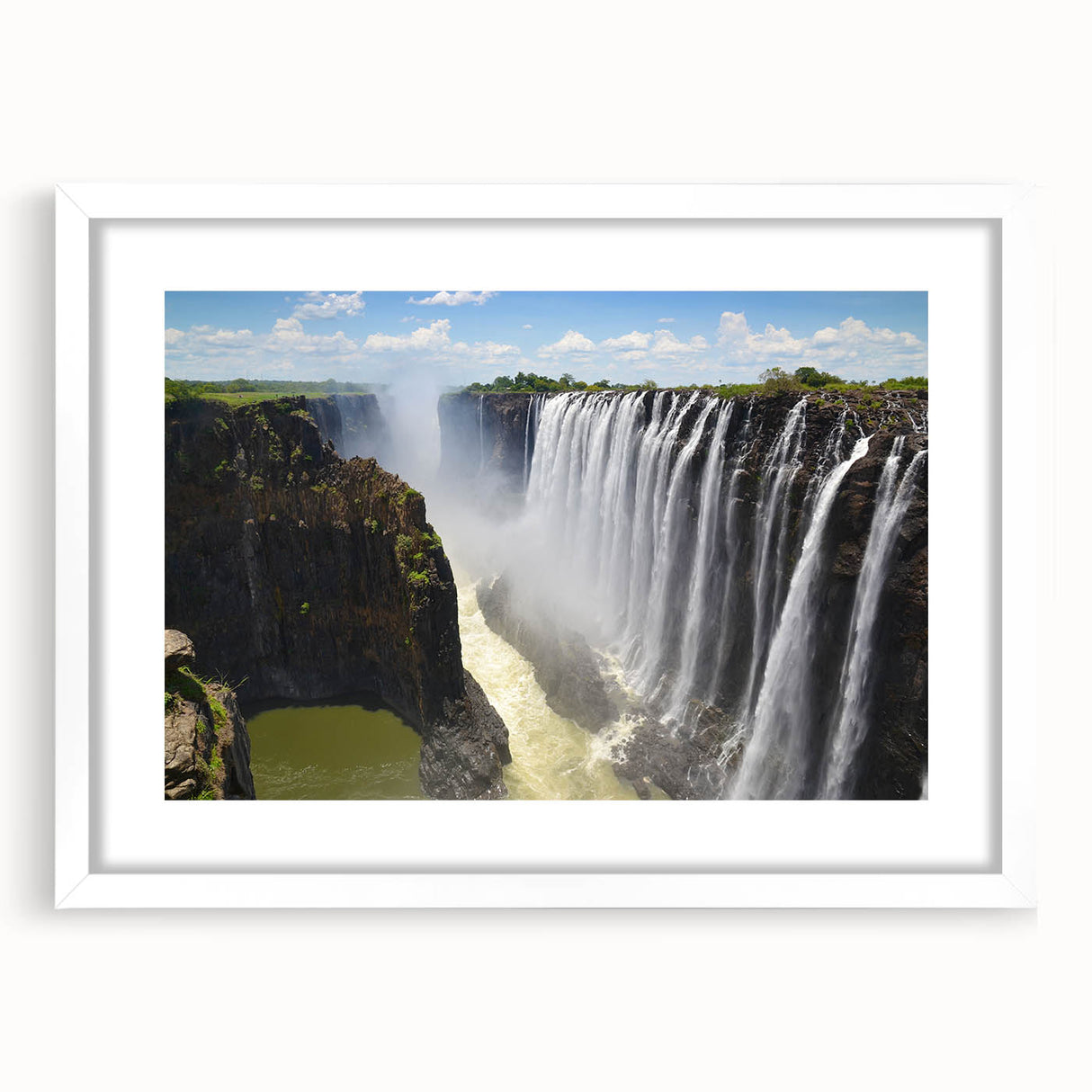 Framed wall art featuring a serene waterfall landscape design with a white mat, showcasing vibrant blues and greens, perfect for home decor enhancement.