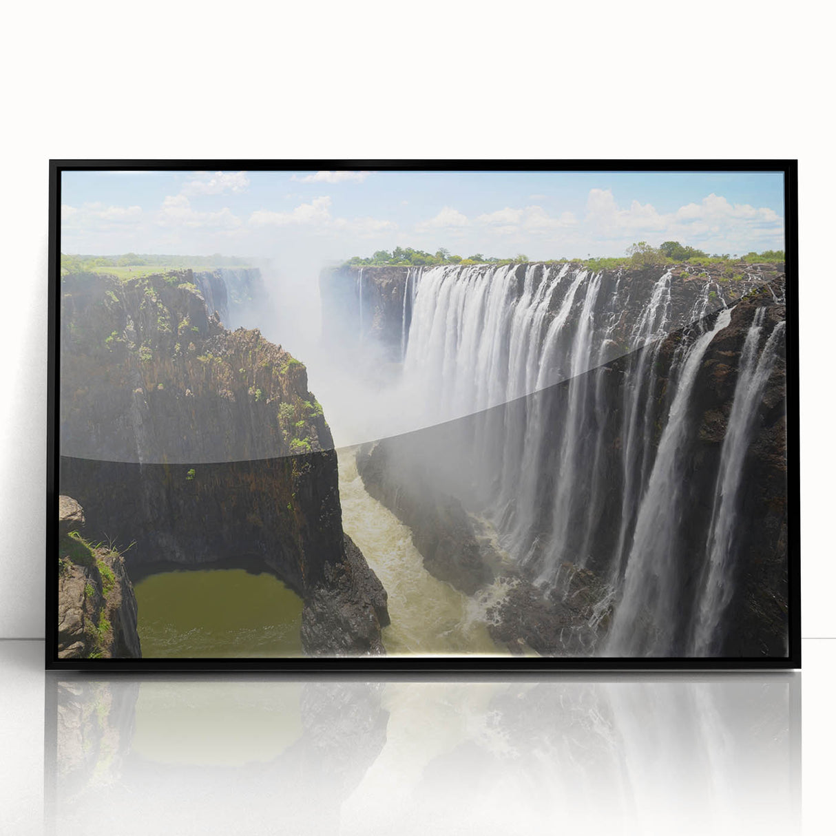 Framed acrylic wall art showcasing a vibrant waterfall landscape design with black accents, ideal for home decor. Perfect for nature lovers seeking tranquility.