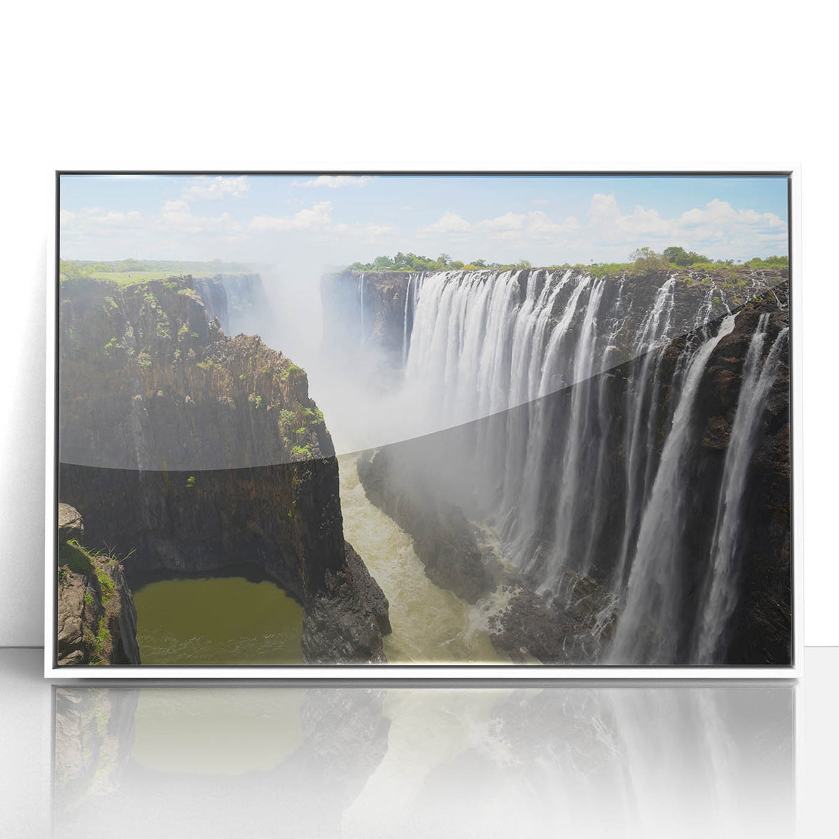 Framed wall art featuring a serene waterfall landscape design in vibrant colors, set in a sleek white frame, perfect for enhancing home decor.