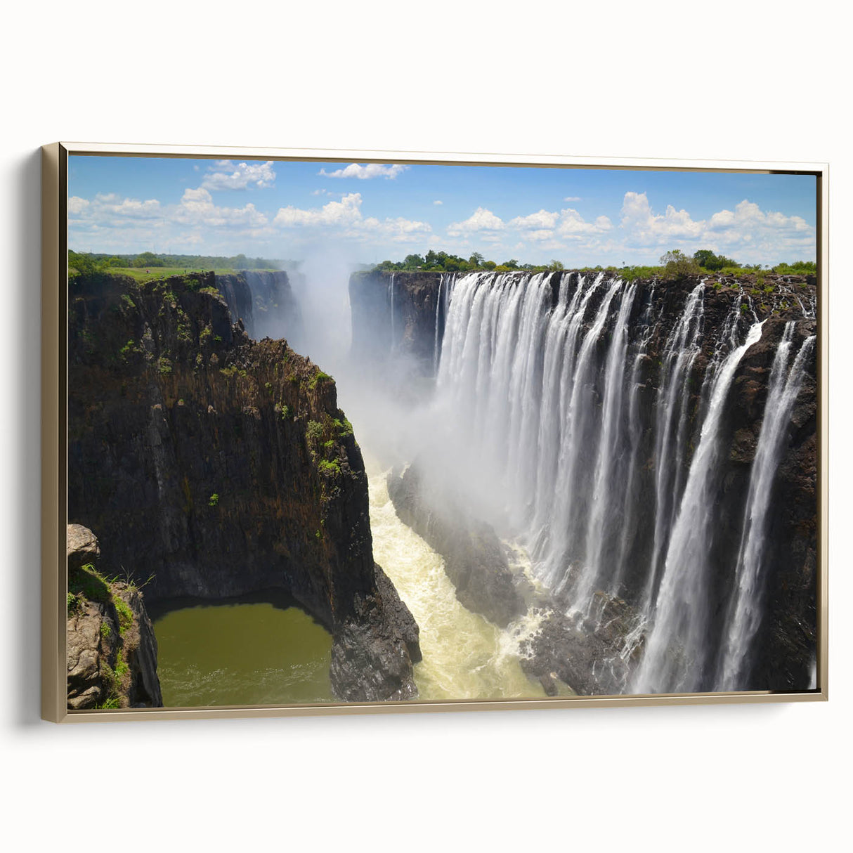 Framed wall art collection showcasing a serene landscape waterfall design, featuring lush greenery and cascading water, with an elegant gold frame adding a touch of luxury.