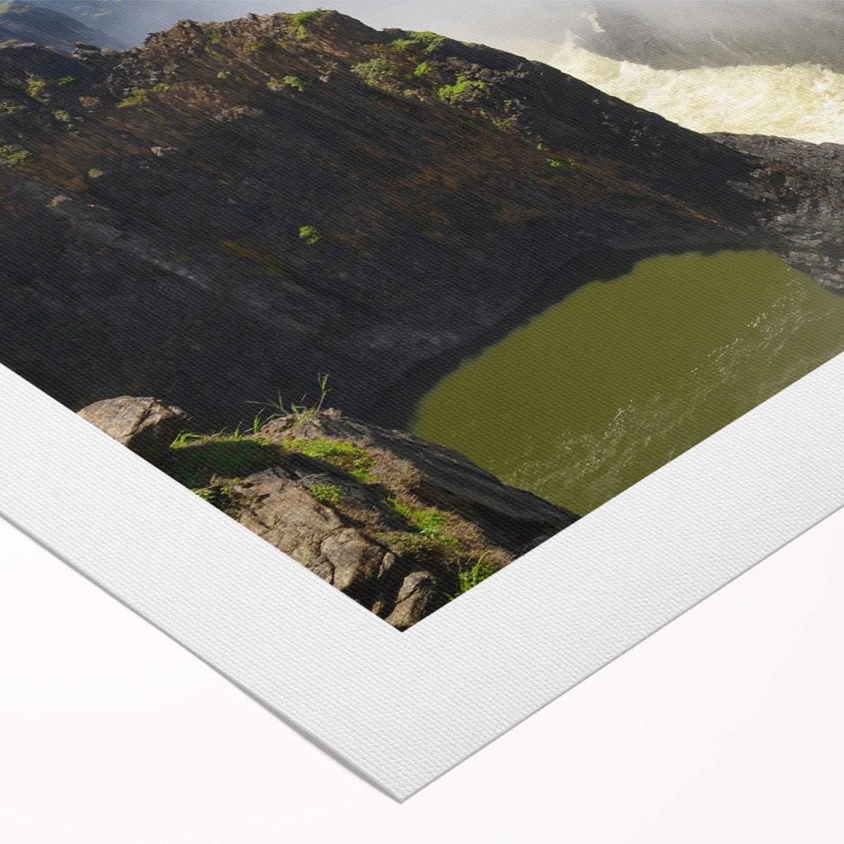 Vibrant rolled canvas depicting a serene landscape with cascading waterfalls and lush greenery, perfect for home decor or nature-inspired art collections.