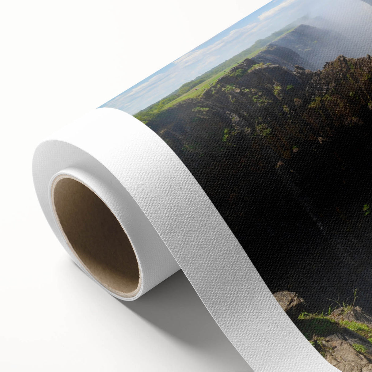 Vibrant rolled canvas artwork showcasing a serene waterfall landscape, featuring lush greenery and cascading water, ideal for home decor.