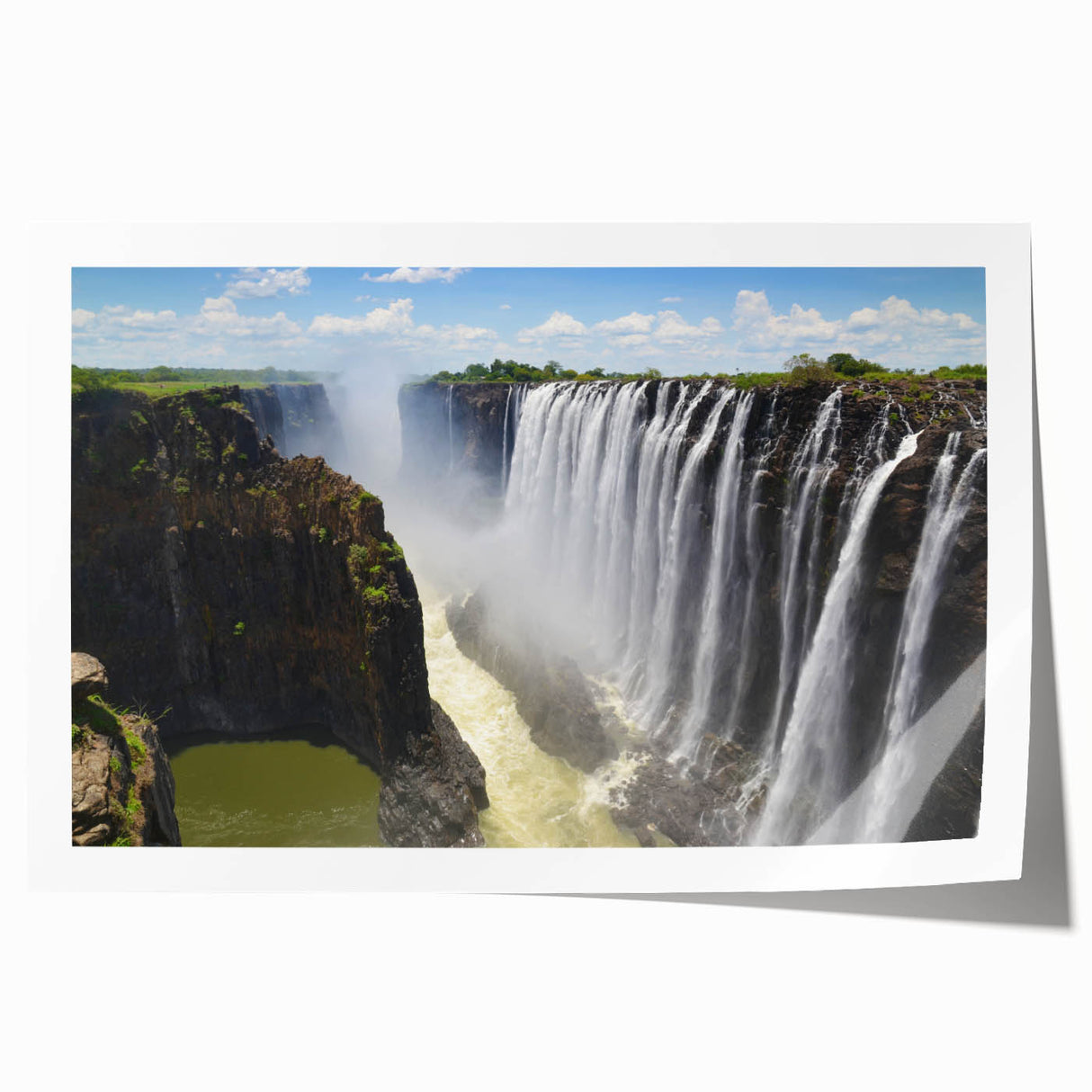 Stunning rolled print of a serene waterfall landscape design, featuring vibrant blues and greens, perfect for enhancing home decor with a natural touch.
