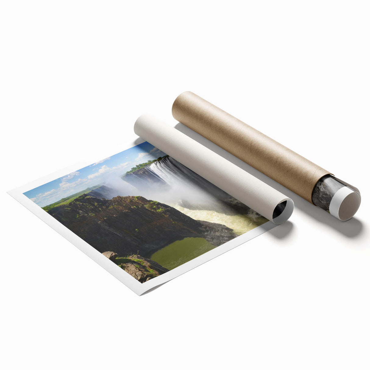 Vibrant rolled print of a serene waterfall landscape with lush greenery, perfect for home décor. Ideal for nature lovers seeking tranquility in wall art.