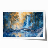 Vibrant landscape artwork featuring a serene waterfall cascading into a lush green forest, perfect for home decor or office aesthetics. This rolled print captures the essence of nature's beauty, enhancing any space with a calming atmosphere.