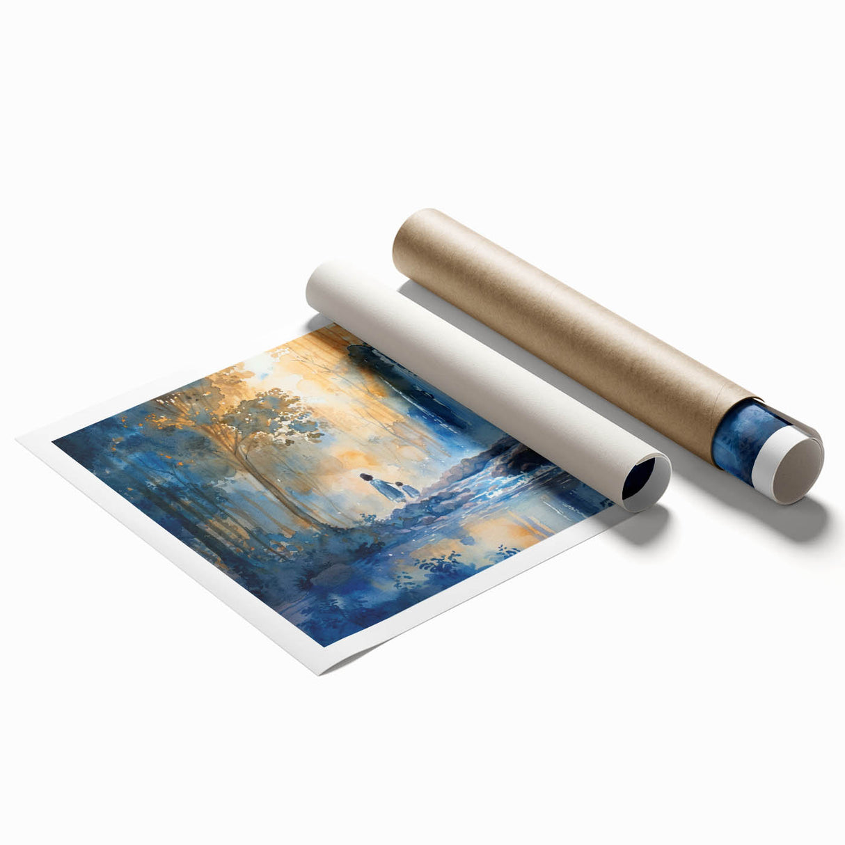 Vibrant rolled print of a serene waterfall landscape with lush greenery, designed for wall art collection, showcasing nature's tranquility and beauty.