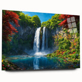 Acrylic glass wall art featuring a stunning waterfall landscape, showcasing vibrant colors and intricate details, designed to enhance any modern home decor setting.