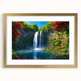 Elegant wall art featuring a stunning landscape waterfall design, framed in gold with a white mat, perfect for enhancing home decor. Ideal for nature lovers seeking tranquility.